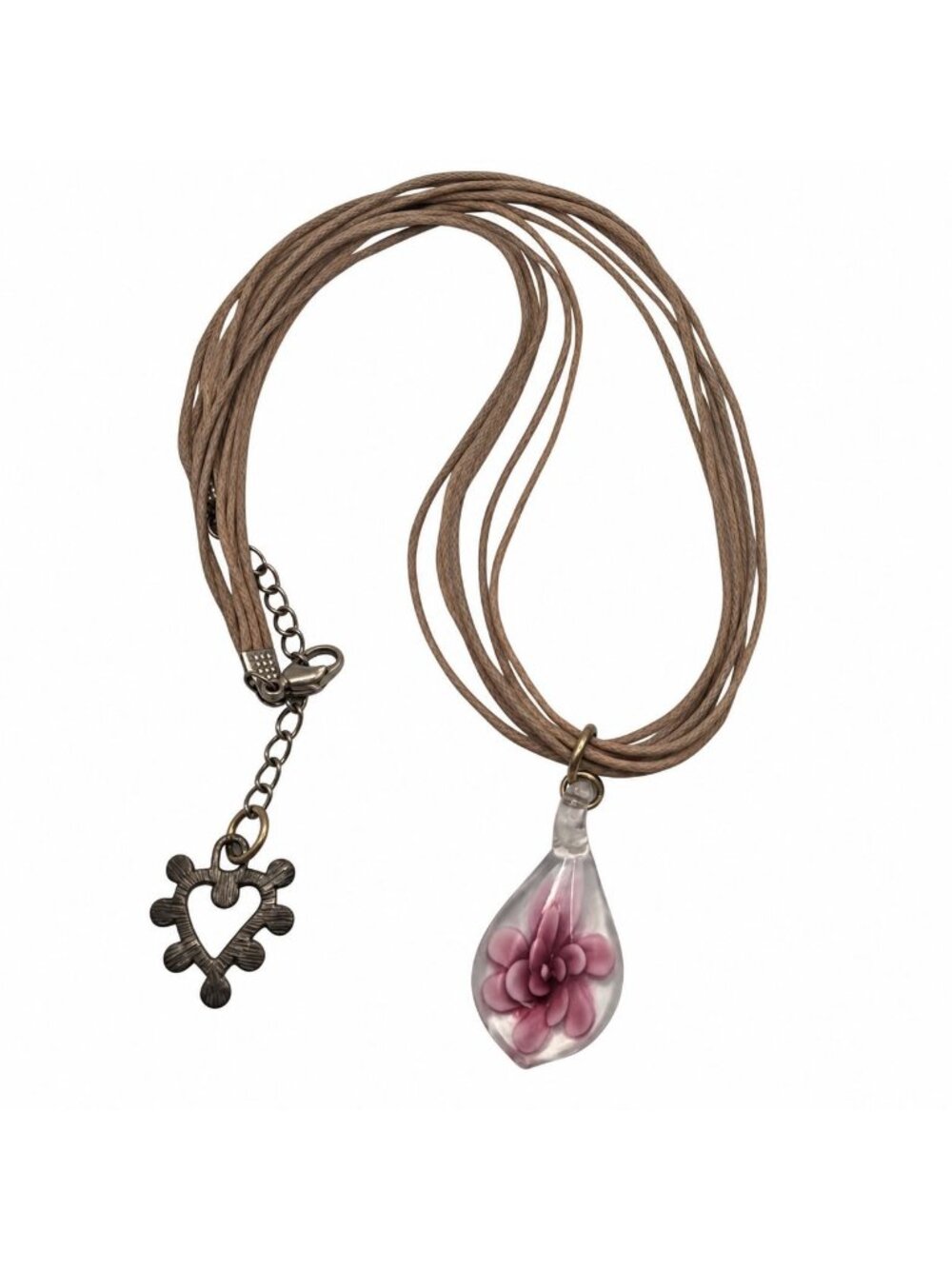 Glass Teardrop Pendant Necklace  Purple Flower Heart Adjustable